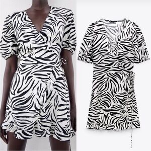 Zara zebra Black and White Mini Dress with V-Neck Short Sleeves and Wrap Tie F…